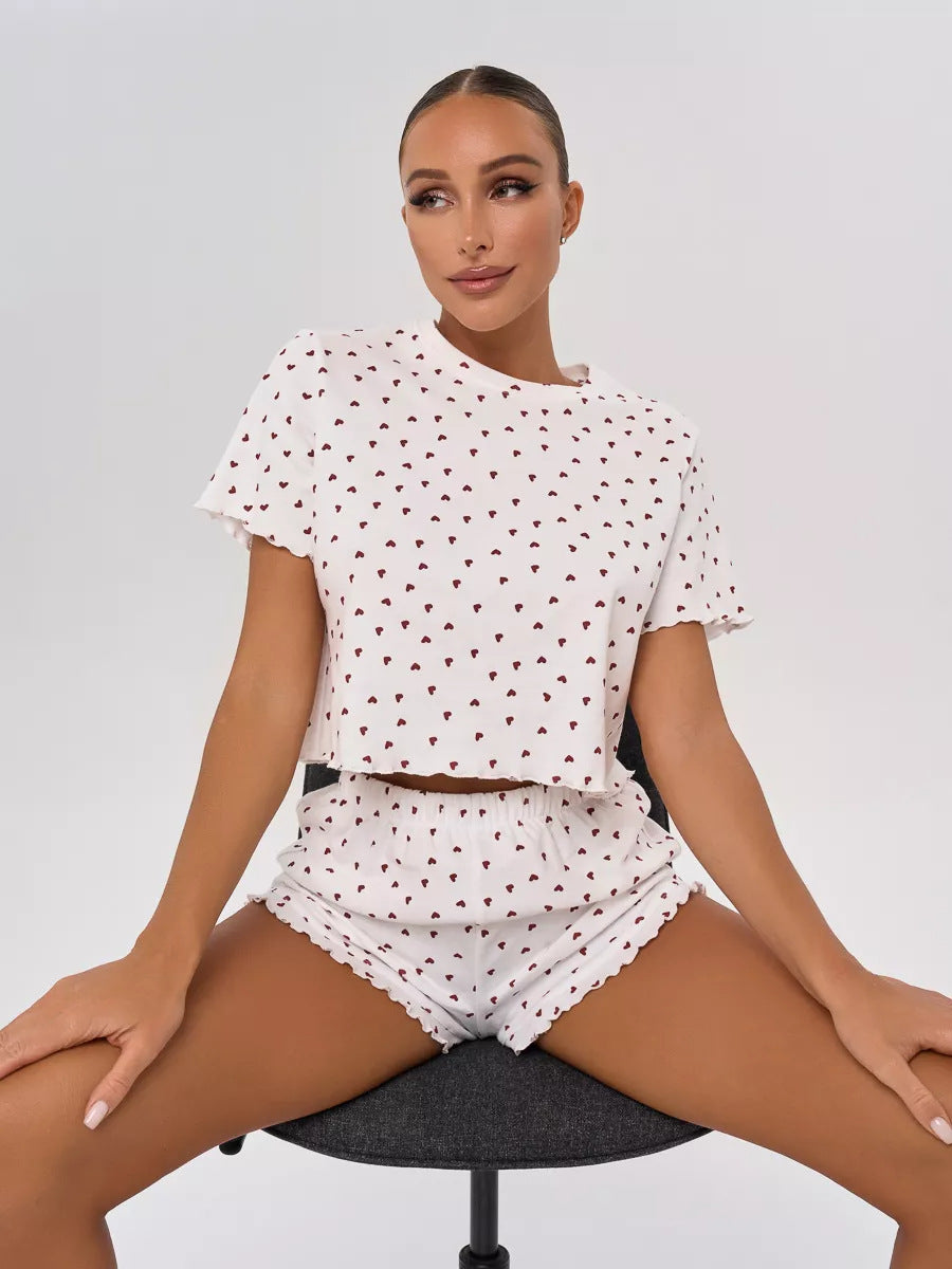 Damen Pyjama-Set mit verspieltem Herzmotiv und elastischem Bund Drune