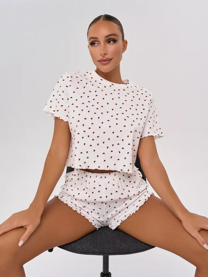 Damen Pyjama-Set mit verspieltem Herzmotiv und elastischem Bund Drune