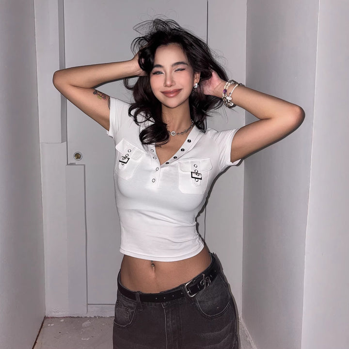 Damen Kurzarm Shirt mit dekorativem V-Ausschnitt und praktischem Taschen-Design Drune