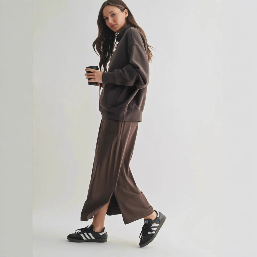 Damen lässiger Oversized Pullover mit hohem Stehkragen und Rippdetails Drune