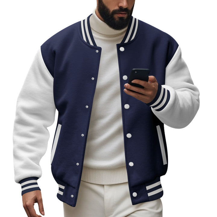 Herren nan College-Baseballjacke im Varsity-Stil mit Rippbündchen und Druckknopfleiste Drune