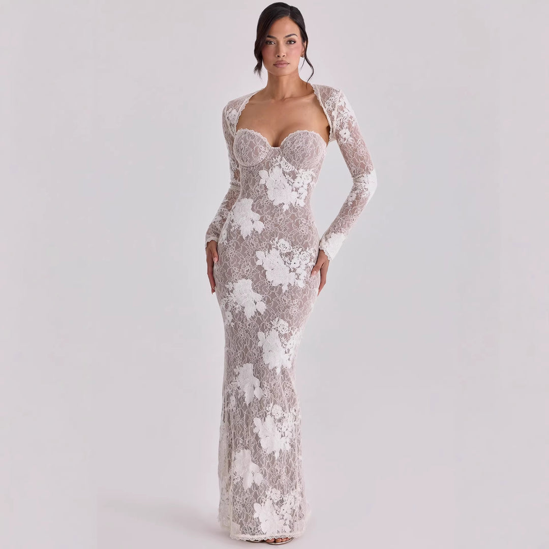Damen Elegantes Spitzenabendkleid mit langem Arm und verführerischem Schnitt Drune