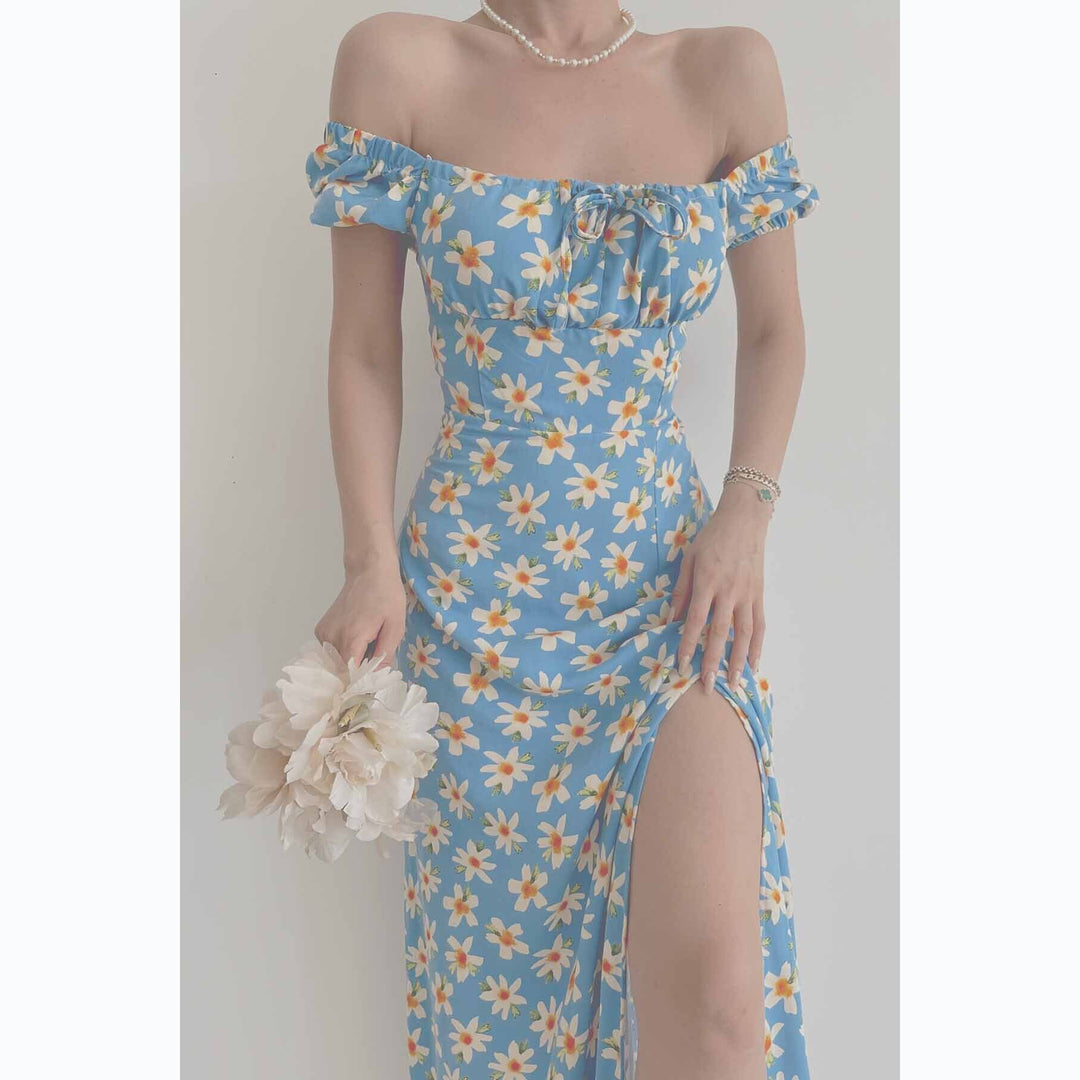 Damen Off-Shoulder Maxikleid mit floralem Design und elegantem Schlitz Drune