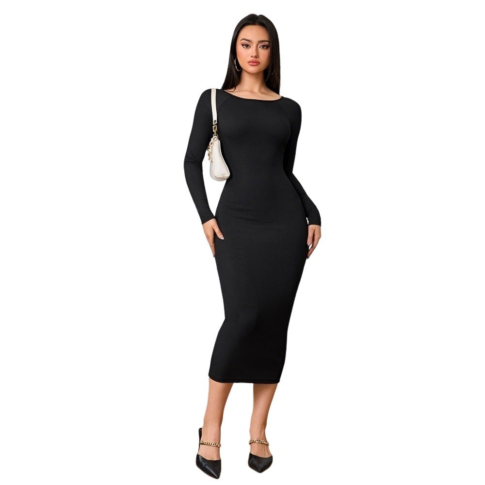 Damen figurbetontes Midi-Kleid mit elegantem Rundhalsausschnitt und langen Ärmeln Drune