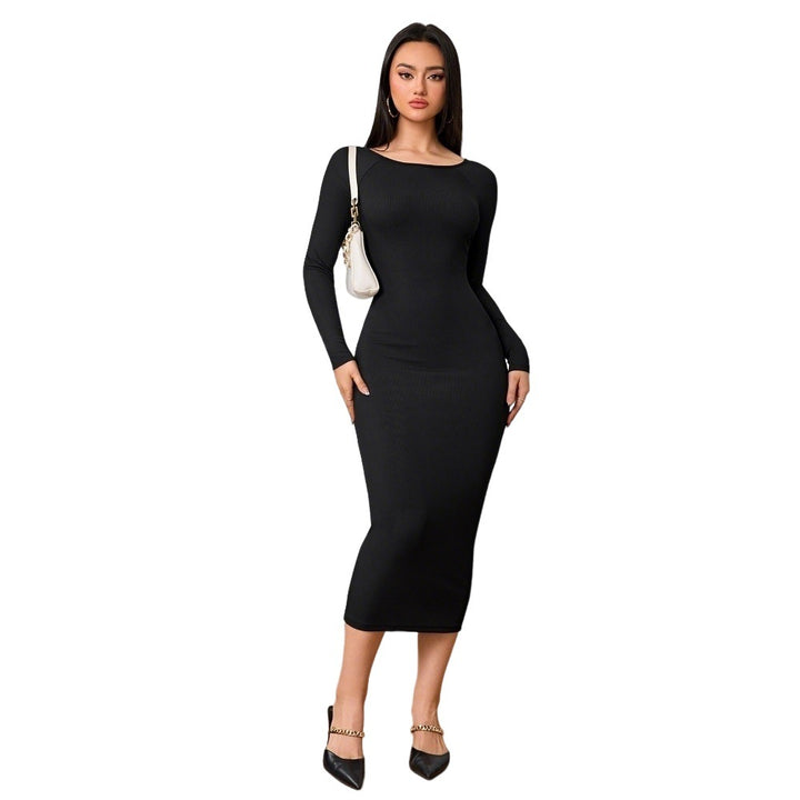 Damen figurbetontes Midi-Kleid mit elegantem Rundhalsausschnitt und langen Ärmeln Drune