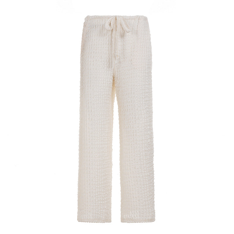 Damen nan kuschelige Strick-Loungehose mit weitem Bein, hoher Taille und Kordelzug Drune