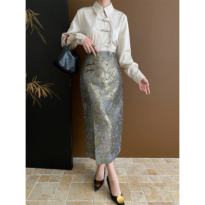 Damen Eleganter Midirock mit floralen Motiven und seitlichem Schlitz Drune