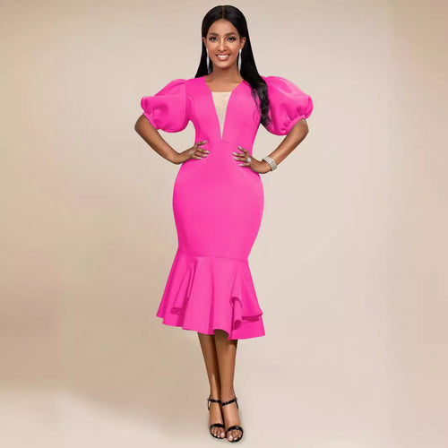 Damen figurbetontes Kleid mit voluminösen Puffärmeln und elegantem Rüschenabschluss Drune