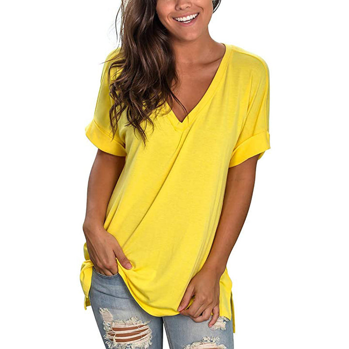 Damen V-Ausschnitt T-Shirt mit lässigem Schnitt und umgeschlagenen Ärmeln Drune