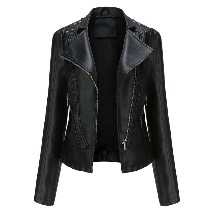 Damen nan taillierte Bikerjacke aus Kunstleder mit Nieten und asymmetrischem Reißverschluss Drune