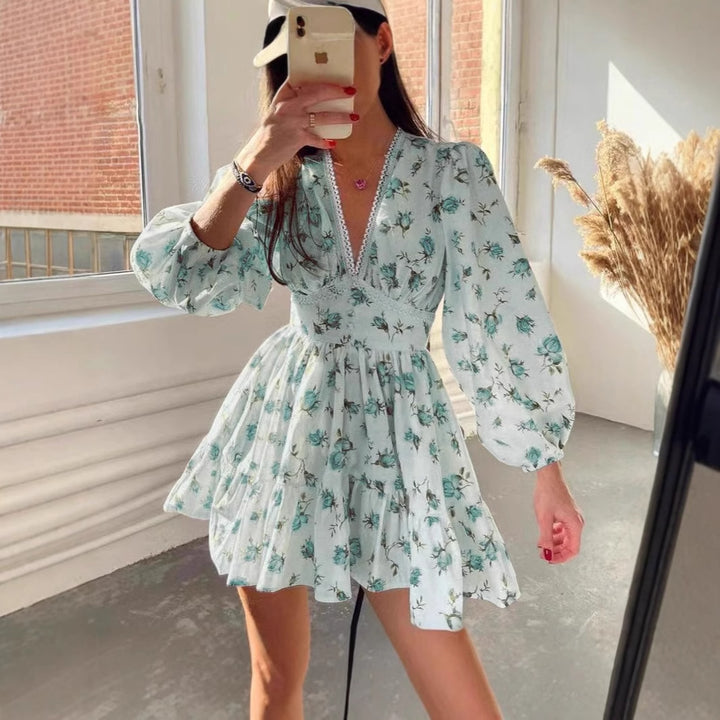 Damen romantisches Blumenkleid mit voluminösen Ärmeln Drune