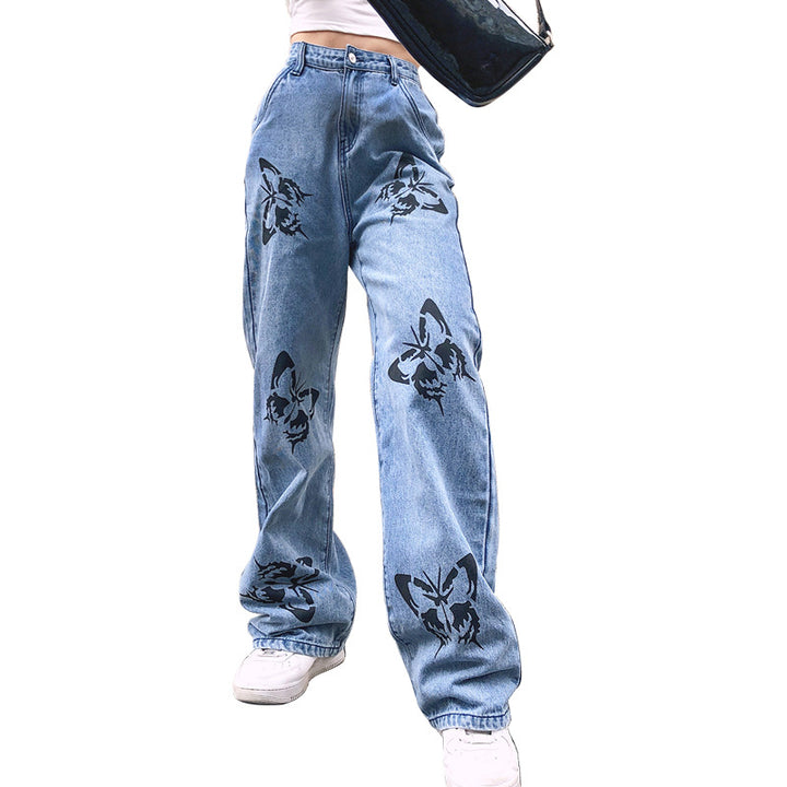 Damen weite Jeans mit auffälligem Schmetterlingsdruck Drune