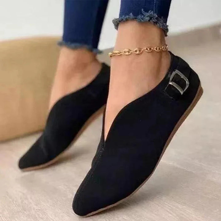Damen nan spitz zulaufende Slipper mit V-Ausschnitt und seitlicher Metallschnalle Velourslederoptik Drune