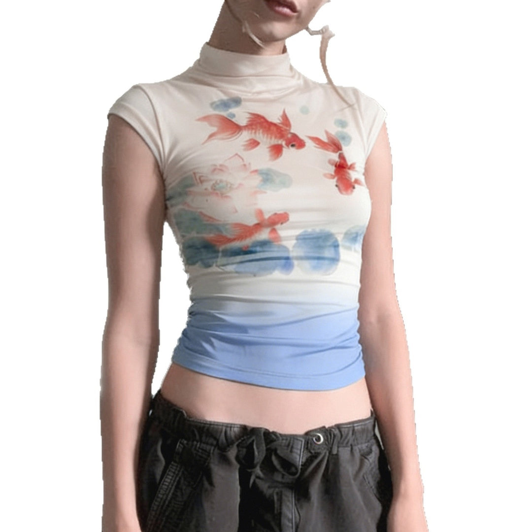 Damen figurbetontes T-Shirt mit eleganter Goldfisch-Illustration Drune