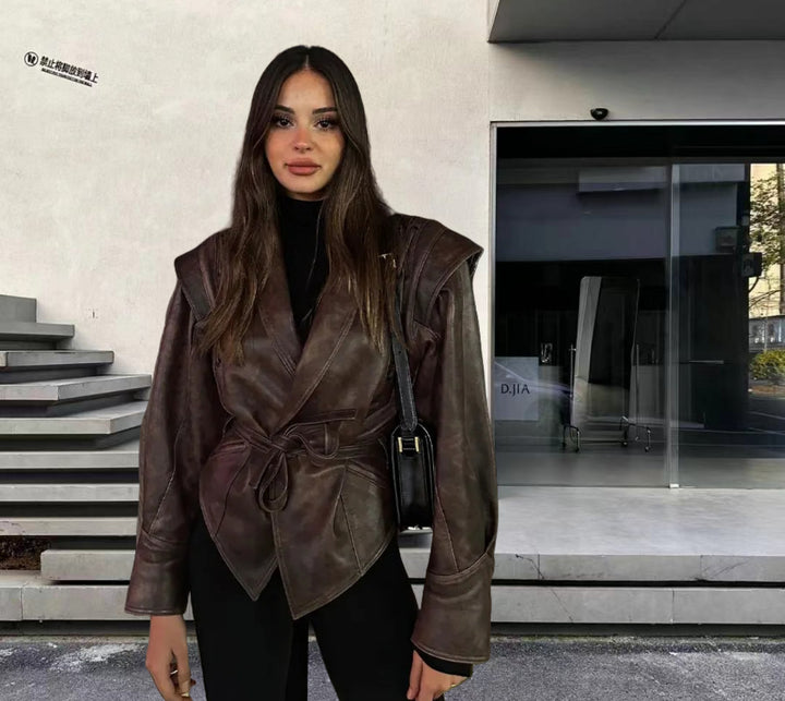 Damen Kunstleder Blazerjacke mit strukturierter Silhouette Drune