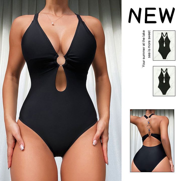 Damen Einteiler Badeanzug mit tiefem V-Ausschnitt und modischem Ringdetail Drune