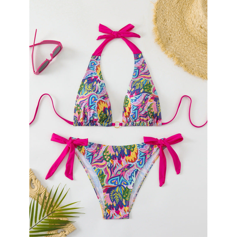 Damen Triangel-Bikini mit bindbaren Trägern und lebhaftem Muster Drune