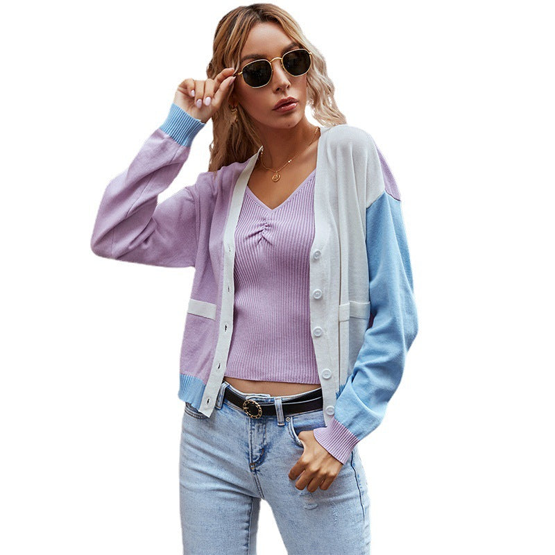 Damen Farbblock Strickjacke mit Knopfverschluss und weichem Material Drune