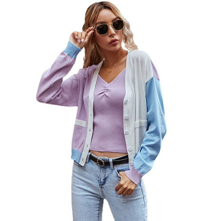 Damen Farbblock Strickjacke mit Knopfverschluss und weichem Material Drune
