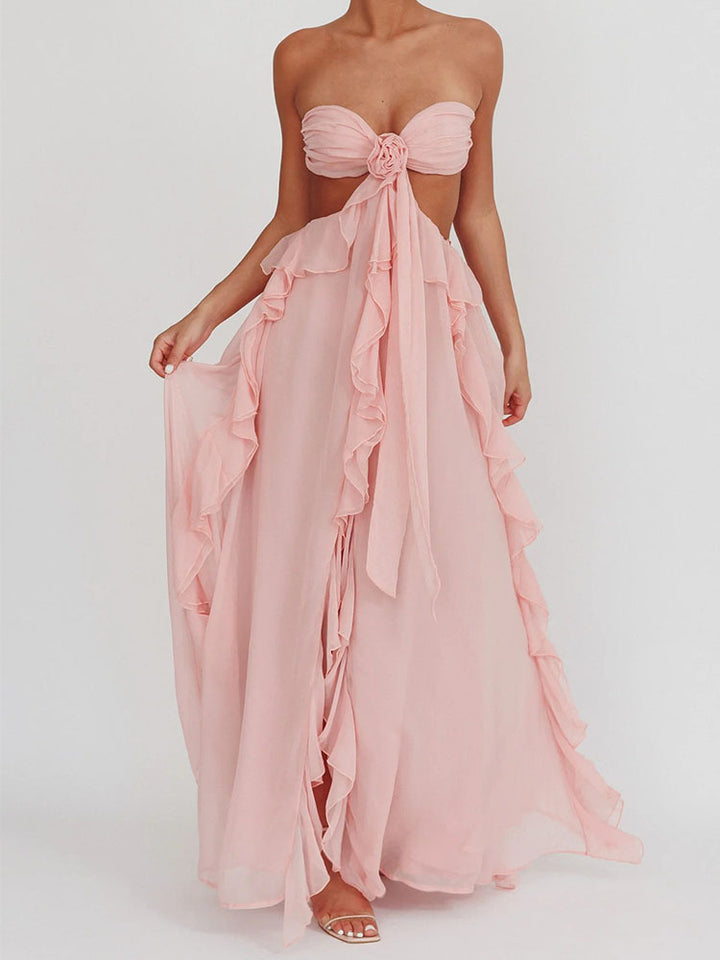 Damen Maxikleid mit Rüschen und Bandeau-Ausschnitt Drune