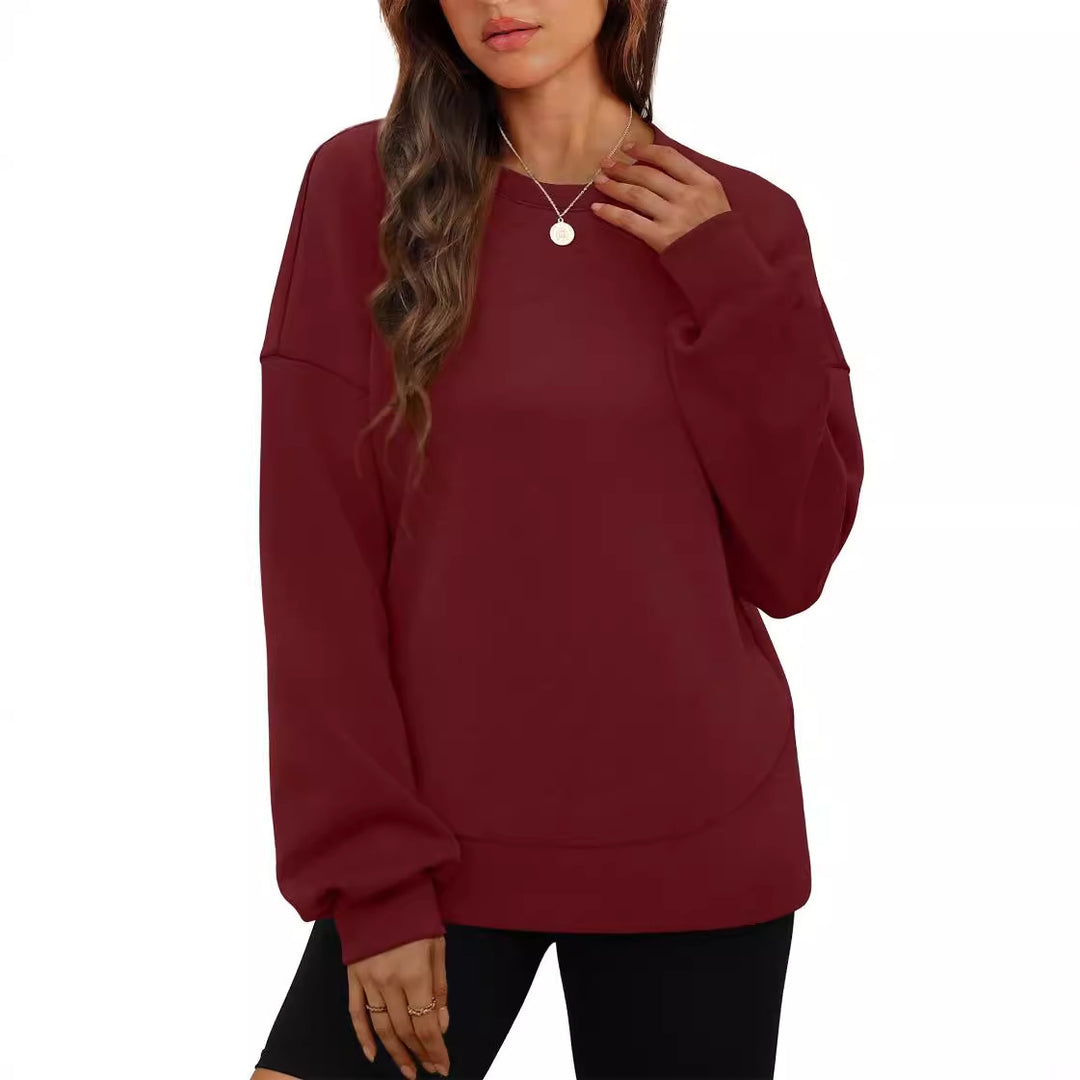 Damen nan lässiges Oversize Rundhals-Sweatshirt mit überschnittener Schulter gerundetem Saum und weichem Innenfutter Drune