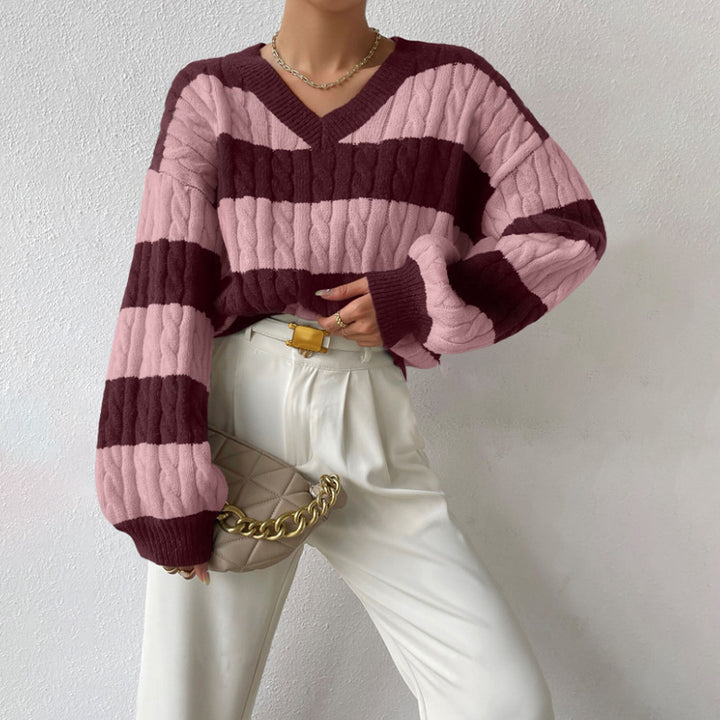 Damen Grobstrickpullover mit modischem V-Ausschnitt und buntem Streifenmuster Drune