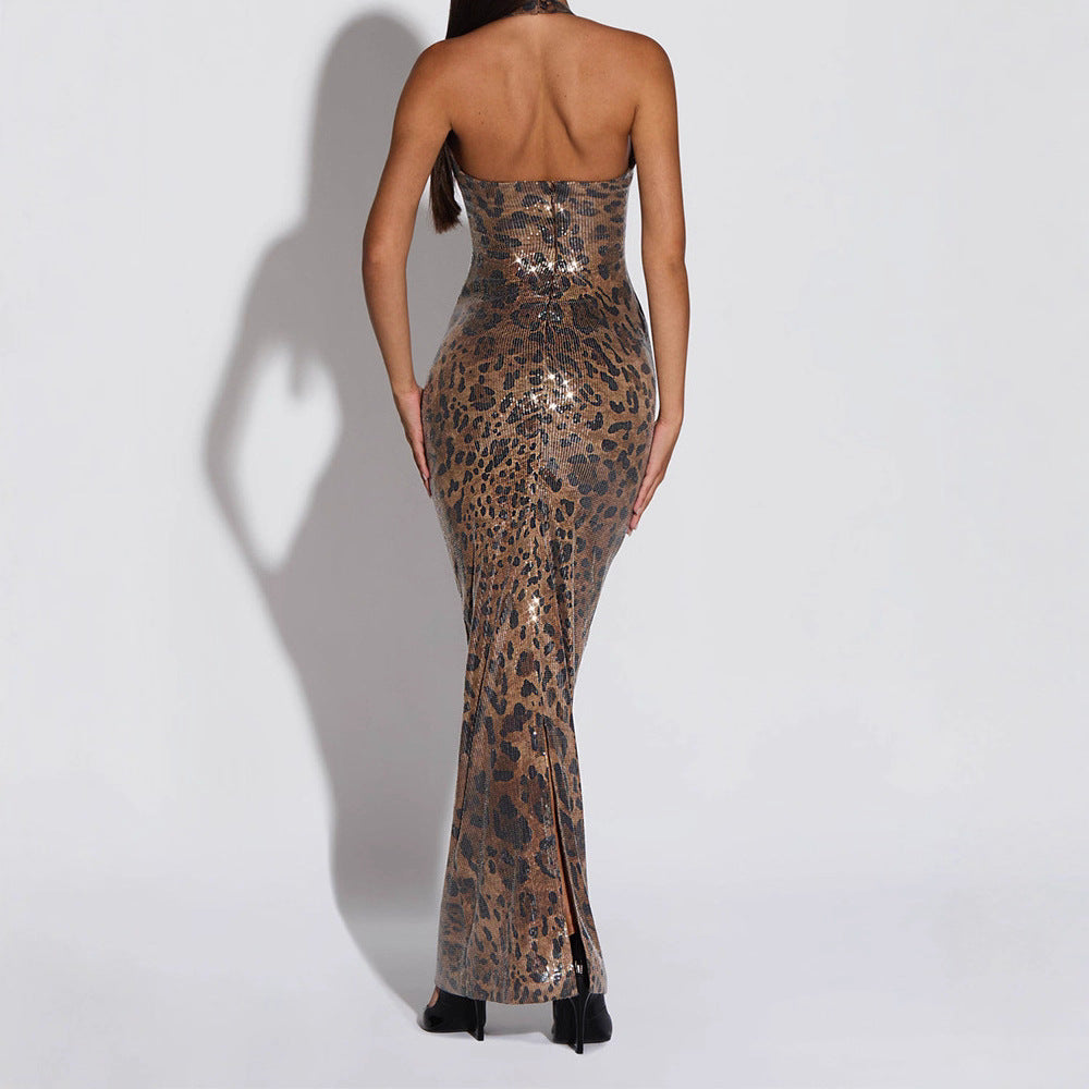 Damen Glamouröses Leopard-Maxi-Kleid Drune
