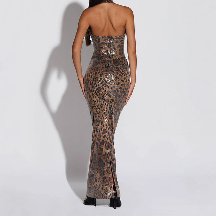 Damen Glamouröses Leopard-Maxi-Kleid Drune