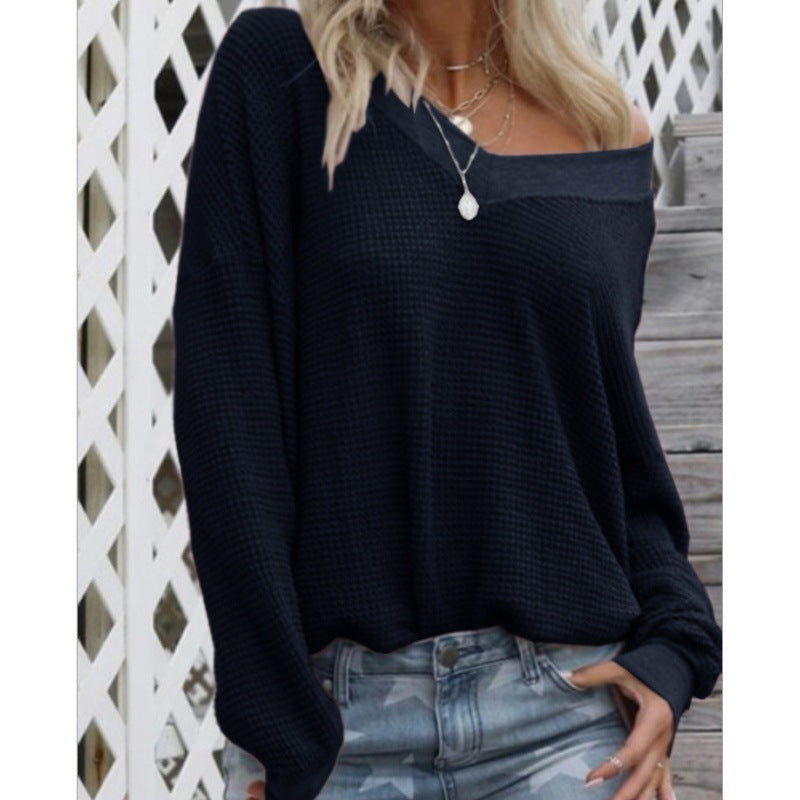 Damen Oversized Baumwollpullover mit lässigem V-Ausschnitt und Rippdetails Drune