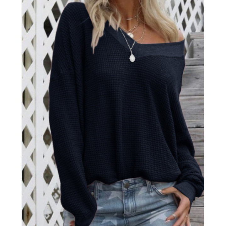 Damen Oversized Baumwollpullover mit lässigem V-Ausschnitt und Rippdetails Drune