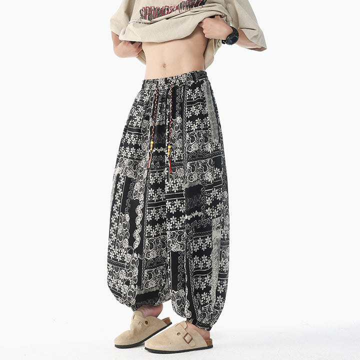 Damen nan lässige Pluderhose im Ethno-Print mit elastischem Bund, Kordelzug und gesmokten Bündchen Drune