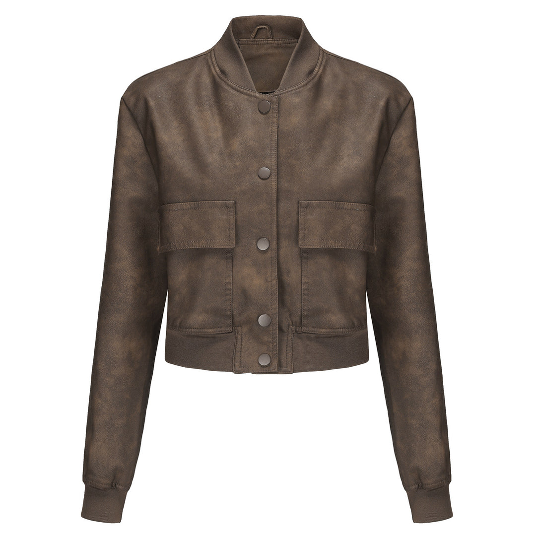 Damen nan kurze Crop-Kunstlederjacke im Blousonstil mit Druckknopffront und aufgesetzten Pattentaschen Drune