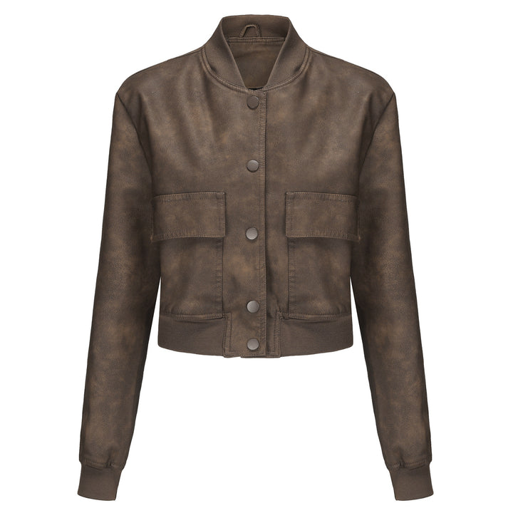 Damen nan kurze Crop-Kunstlederjacke im Blousonstil mit Druckknopffront und aufgesetzten Pattentaschen Drune