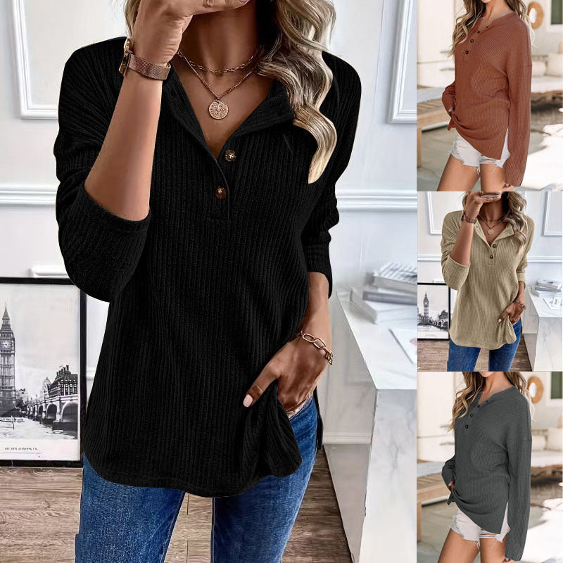 Damen Freizeit-Ripp-Pullover mit Knopfleiste und 3/4-Ärmeln Drune