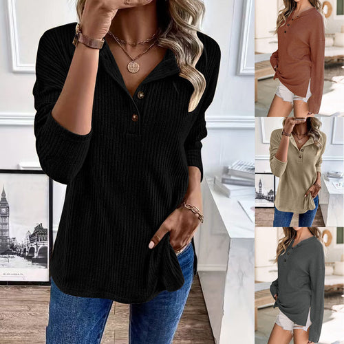 Damen Freizeit-Ripp-Pullover mit Knopfleiste und 3/4-Ärmeln Drune