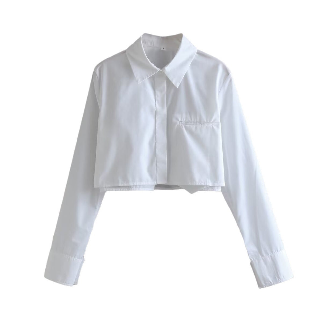 Damen cropped Bluse mit klassischem Kragen und praktischen Brusttaschen Drune