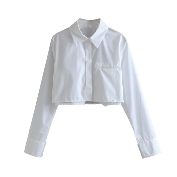 Damen cropped Bluse mit klassischem Kragen und praktischen Brusttaschen Drune