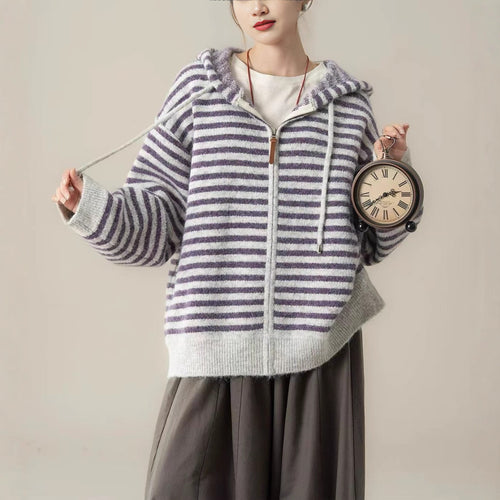 Damen gestreifter Freizeit-Hoodie mit Kängurutasche und durchgehendem Reißverschluss Drune