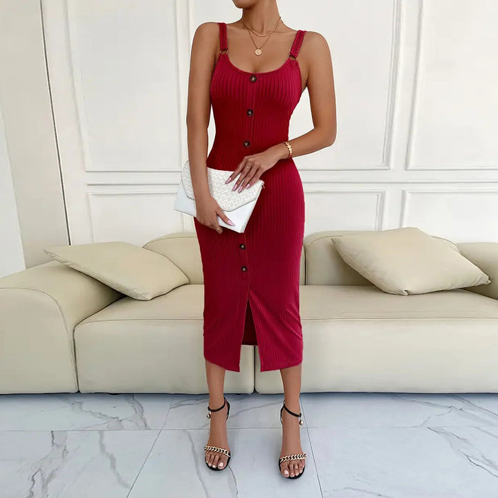 Damen Midi-Kleid mit Knopfleiste und elastischem Rippdesign Drune
