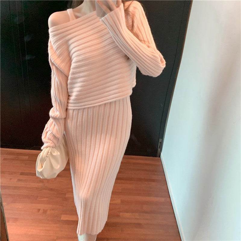 Damen Strickkleid mit asymmetrischem Ausschnitt und Rippstruktur Drune