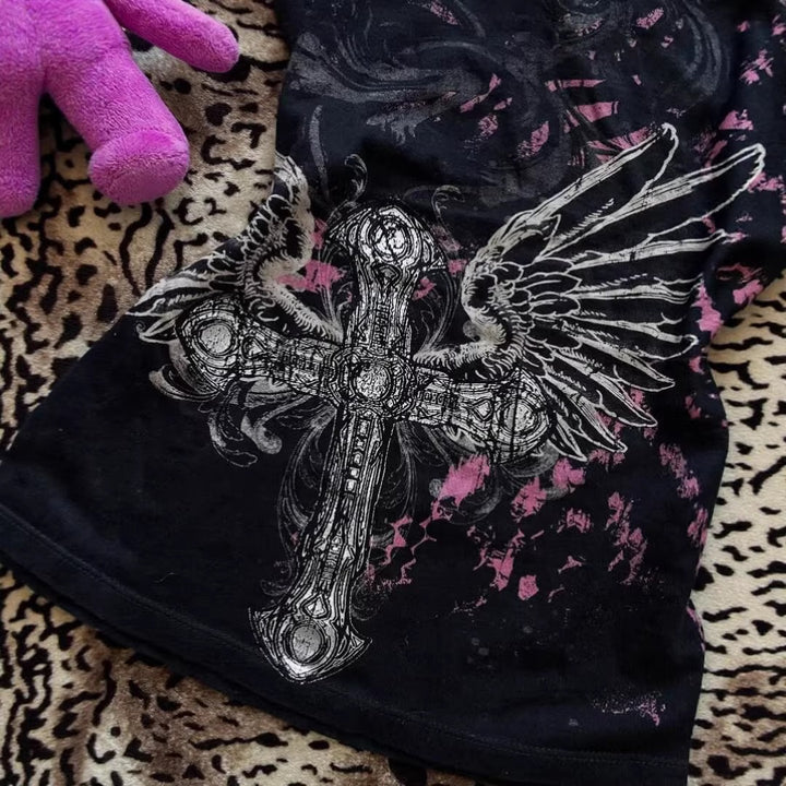 Damen V-Ausschnitt T-Shirt mit beeindruckendem Grafikkreuz Drune