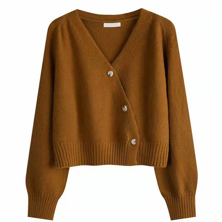 Damen kuschelige cropped Strickjacke mit tiefem V-Ausschnitt und großen Knöpfen Drune