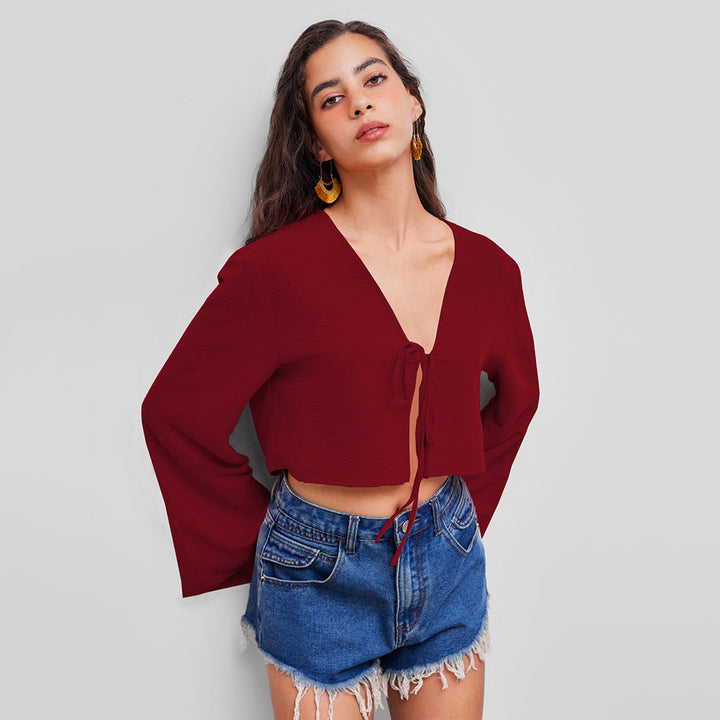 Damen Crop-Oberteil mit tiefem V-Ausschnitt und verspieltem Knoten Drune