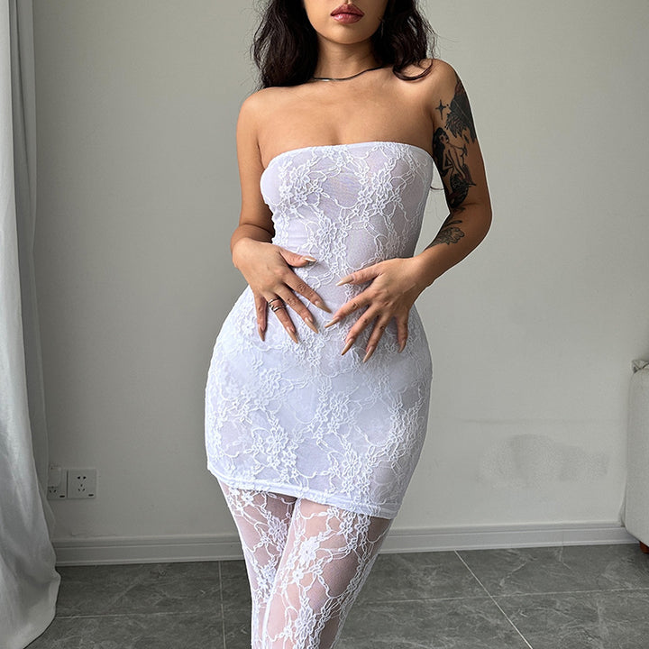 Damen Spitzen-Body mit integrierter Strumpfhose und schulterfreien Trägern Drune