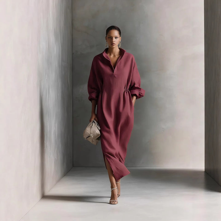 Damen stilvolles Midikleid mit Bindegürtel und klassischem Kragen Drune