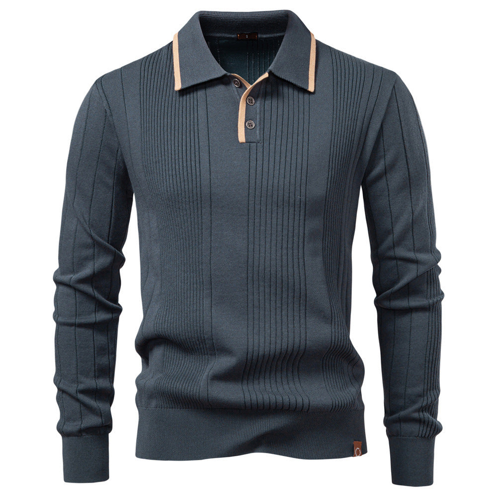 Herren nan langärmeliger Polopullover aus Feinstrick mit vertikalen Rippenintarsien und Kontrastkanten Drune