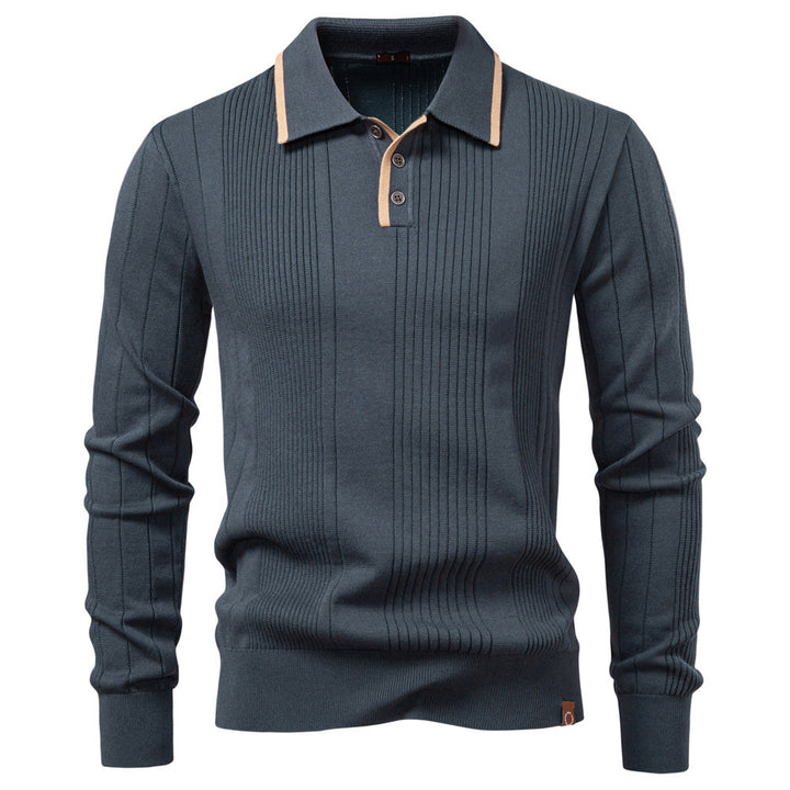 Herren nan langärmeliger Polopullover aus Feinstrick mit vertikalen Rippenintarsien und Kontrastkanten Drune