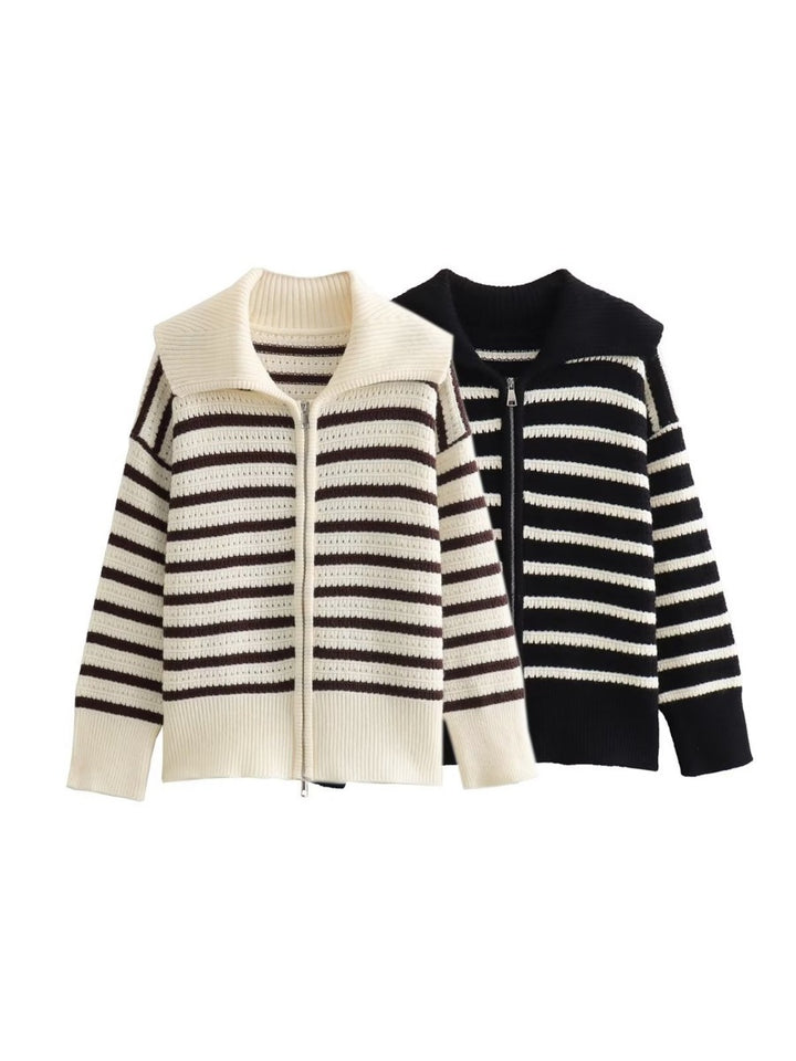 Damen gestreifte Strickjacke mit modernem Reißverschluss Drune
