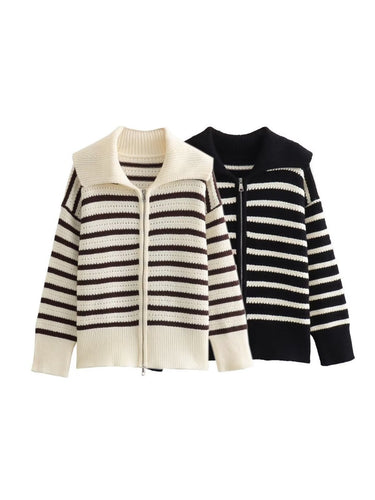 Damen gestreifte Strickjacke mit modernem Reißverschluss Drune