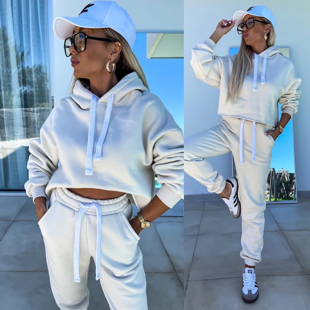 Damen bequemer Cropped Hoodie mit elastischem Bund und lässiger Jogginghose Set Drune